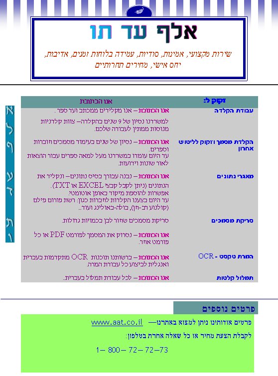 שירות מקצועי, אמינות, סודיות, עמידה בלוחות זמנים, אדיבות, יחס אישי, מחירים תחרותיים
פרטים אודותינו ניתן למצוא באתרנו—  www.aat.co.il 
לקבלת הצעת מחיר או כל שאלה אחרת בטלפון:
    1— 800— 72— 72—73 
פרטים נוספים 
אנו הכתובת
זקוק ל:
אנו הכתובת – אנו מקלידים ממכתב ועד ספר .
עבודת הקלדה
למשרדנו נסיון של 9 שנים בהקלדה – צוות קלדניות מנוסות ממתין לעבודה שלכם.



אנו הכתובת – נסיון של שנים בעימוד מסמכים חוברות וספרים.
הקלדת מסמך וזקוק לליטוש אחרון
עד היום עומדו במשרדנו מעל למאה ספרים עבור הוצאות לאור שונות וידועות.



אנו הכתובת – נבנה עבורך בסיס נתונים – ונקליד את הנתונים (ניתן לקבל קבצי EXCEL או TXT).
אפשרות להוספת מיקוד באופן אוטומטי.
מאגרי נתונים
עד היום בצענו הקלדות לחברות כגון: רשת פורום פילם (קולנוע רב-חן), בולה-באולינג ועוד...



סריקת מסמכים שחור לבן בכמויות גדולות.
סריקת מסמכים
אנו הכתובת – נסרוק את המסמך לפורמט PDF או כל פורמט אחר.



אנו הכתובת – ברשותנו תוכנות OCR  מתקדמות בעברית ואנגלית לביצוע כל עבודת המרה.
המרת טקסט - OCR


אנו הכתובת – לכל עבודת תמלול בעברית..
תמלול קלטות
